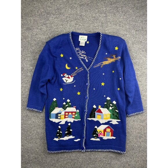 Quacker Factory Cardigan Sweater Womens Large Blue Christmas Santa Embellished - Picture 1 of 8